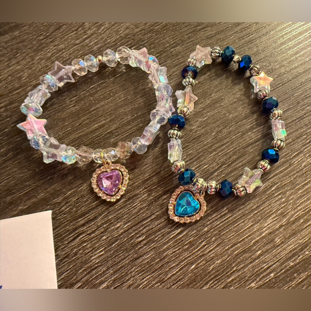 New, Handmade Set of 2 Heart Charm w/stars Beaded Bracelets
